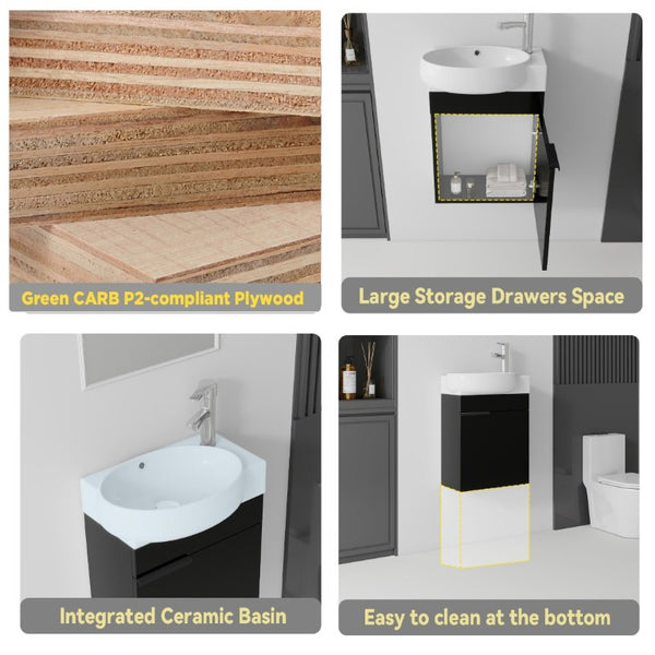English Elm 16 Inch Wall Mounted Floating Vanity with Integrated Ceramic Sink and Soft Close Cabinet Black B2775P510738