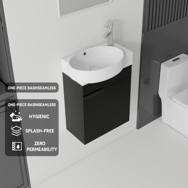 English Elm 16 Inch Wall Mounted Floating Vanity with Integrated Ceramic Sink and Soft Close Cabinet Black B2775P510738