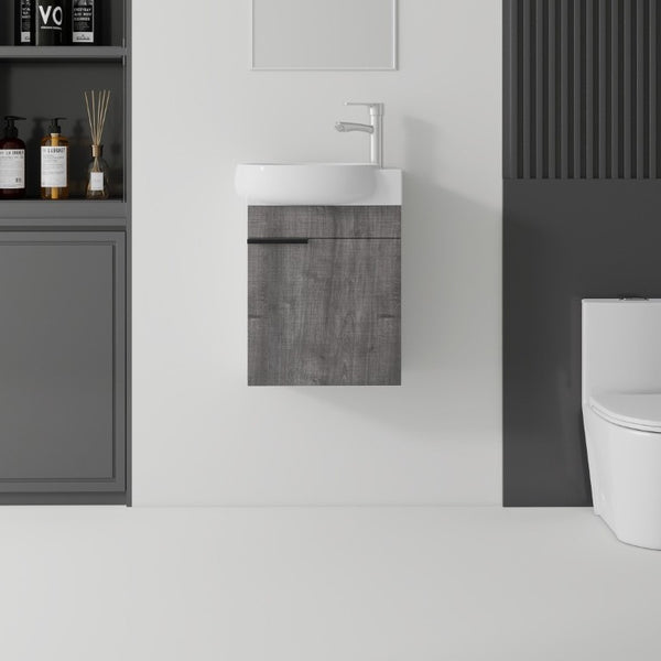 English Elm 16 Inch Wall Mounted Floating Vanity with Integrated Ceramic Sink and Soft Close Cabinet Grey B2775P510739