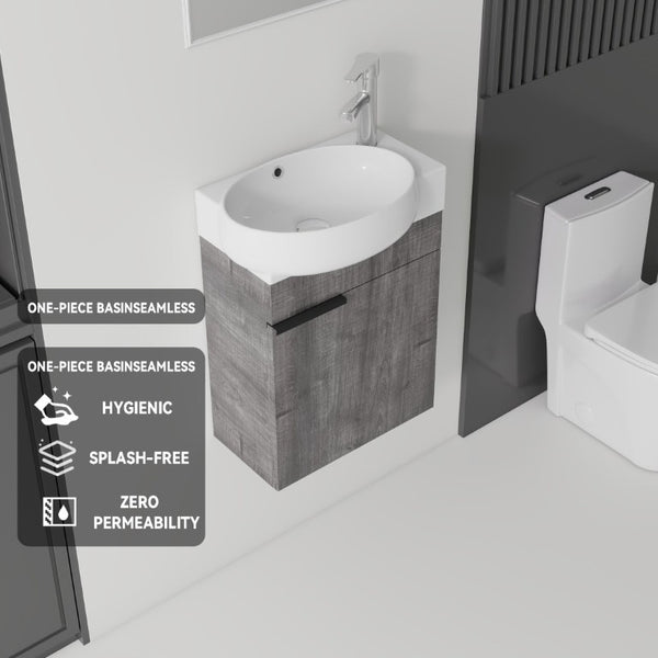 English Elm 16 Inch Wall Mounted Floating Vanity with Integrated Ceramic Sink and Soft Close Cabinet Grey B2775P510739