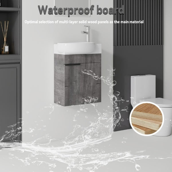 English Elm 16 Inch Wall Mounted Floating Vanity with Integrated Ceramic Sink and Soft Close Cabinet Grey B2775P510739