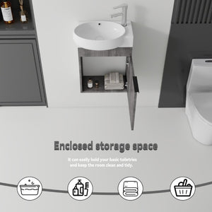 English Elm 16 Inch Wall Mounted Floating Vanity with Integrated Ceramic Sink and Soft Close Cabinet Grey B2775P510739