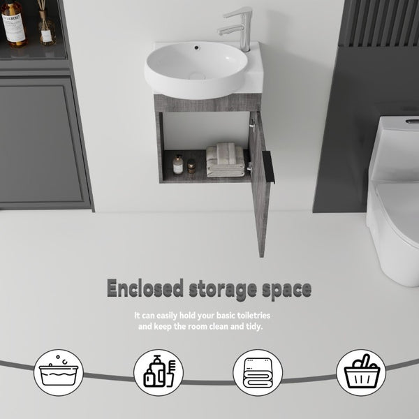 English Elm 16 Inch Wall Mounted Floating Vanity with Integrated Ceramic Sink and Soft Close Cabinet Grey B2775P510739