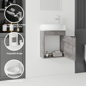 English Elm 16 Inch Wall Mounted Floating Vanity with Integrated Ceramic Sink and Soft Close Cabinet Grey B2775P510739