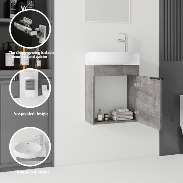 English Elm 16 Inch Wall Mounted Floating Vanity with Integrated Ceramic Sink and Soft Close Cabinet Grey B2775P510739