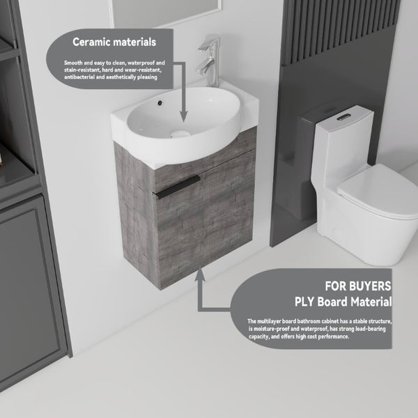 English Elm 16 Inch Wall Mounted Floating Vanity with Integrated Ceramic Sink and Soft Close Cabinet Grey B2775P510739
