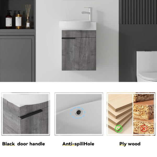 English Elm 16 Inch Wall Mounted Floating Vanity with Integrated Ceramic Sink and Soft Close Cabinet Grey B2775P510739