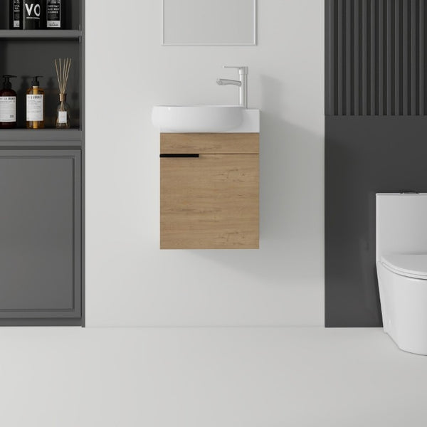 English Elm 16 Inch Wall Mounted Floating Vanity with Integrated Ceramic Sink and Soft Close Cabinet Oak B2775P510740