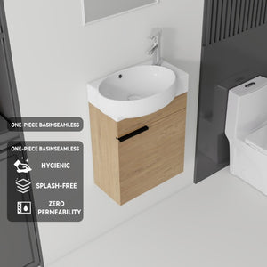 English Elm 16 Inch Wall Mounted Floating Vanity with Integrated Ceramic Sink and Soft Close Cabinet Oak B2775P510740
