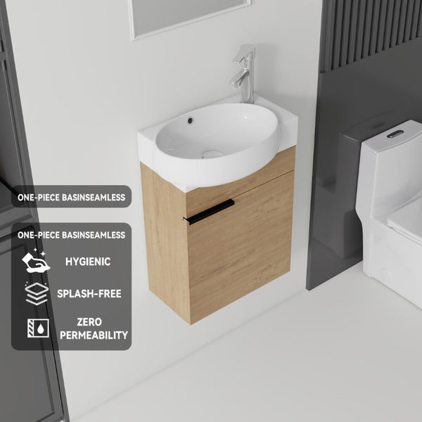 English Elm 16 Inch Wall Mounted Floating Vanity with Integrated Ceramic Sink and Soft Close Cabinet Oak B2775P510740