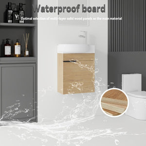 English Elm 16 Inch Wall Mounted Floating Vanity with Integrated Ceramic Sink and Soft Close Cabinet Oak B2775P510740