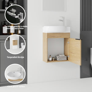 English Elm 16 Inch Wall Mounted Floating Vanity with Integrated Ceramic Sink and Soft Close Cabinet Oak B2775P510740