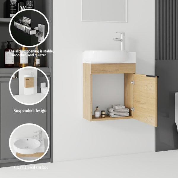 English Elm 16 Inch Wall Mounted Floating Vanity with Integrated Ceramic Sink and Soft Close Cabinet Oak B2775P510740