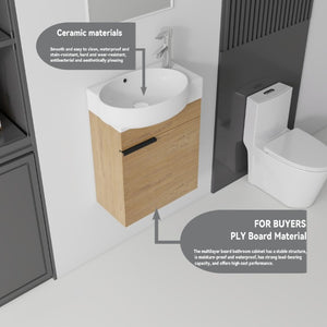 English Elm 16 Inch Wall Mounted Floating Vanity with Integrated Ceramic Sink and Soft Close Cabinet Oak B2775P510740