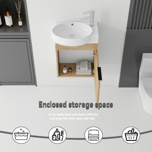 English Elm 16 Inch Wall Mounted Floating Vanity with Integrated Ceramic Sink and Soft Close Cabinet Oak B2775P510740