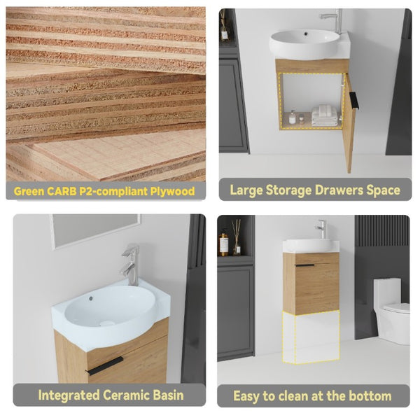 English Elm 16 Inch Wall Mounted Floating Vanity with Integrated Ceramic Sink and Soft Close Cabinet Oak B2775P510740