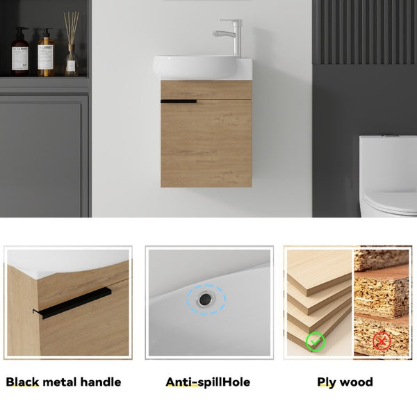 English Elm 16 Inch Wall Mounted Floating Vanity with Integrated Ceramic Sink and Soft Close Cabinet Oak B2775P510740