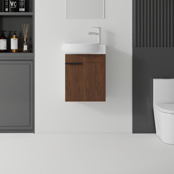 English Elm 16 Inch Wall Mounted Floating Vanity with Integrated Ceramic Sink and Soft Close Cabinet Brown B2775P510741