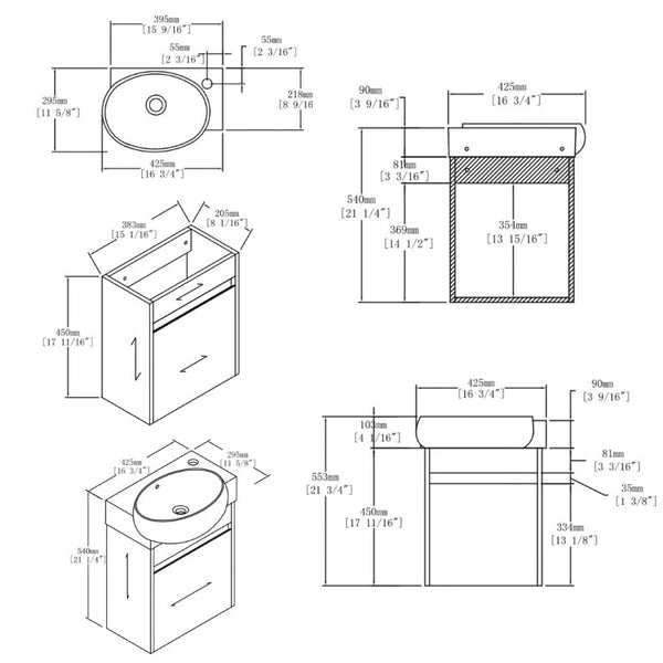 English Elm 16 Inch Wall Mounted Floating Vanity with Integrated Ceramic Sink and Soft Close Cabinet Brown B2775P510741
