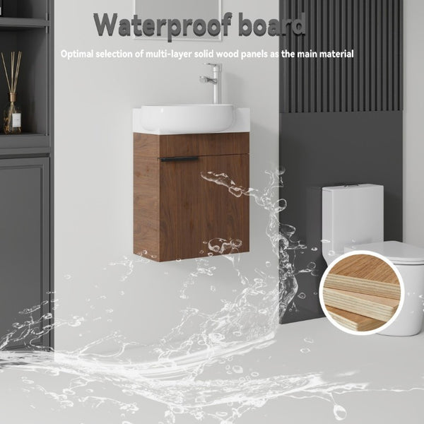English Elm 16 Inch Wall Mounted Floating Vanity with Integrated Ceramic Sink and Soft Close Cabinet Brown B2775P510741