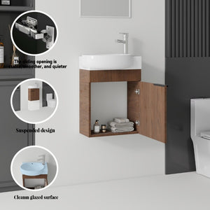 English Elm 16 Inch Wall Mounted Floating Vanity with Integrated Ceramic Sink and Soft Close Cabinet Brown B2775P510741