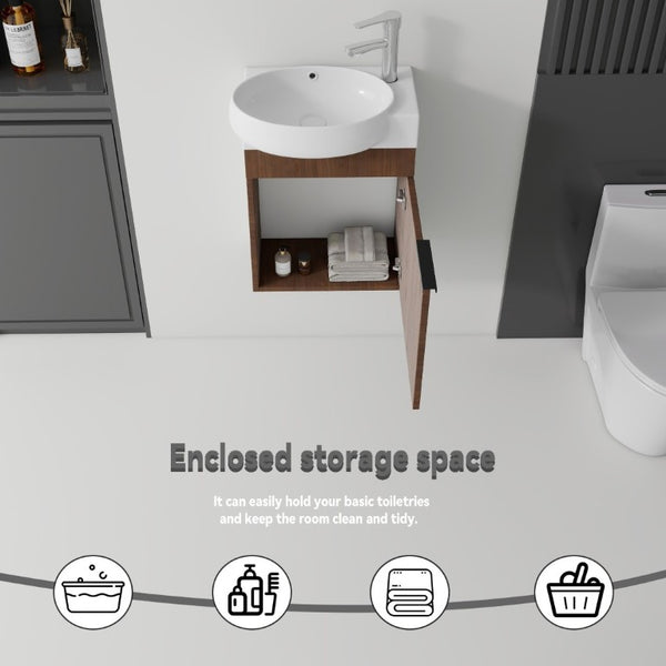 English Elm 16 Inch Wall Mounted Floating Vanity with Integrated Ceramic Sink and Soft Close Cabinet Brown B2775P510741