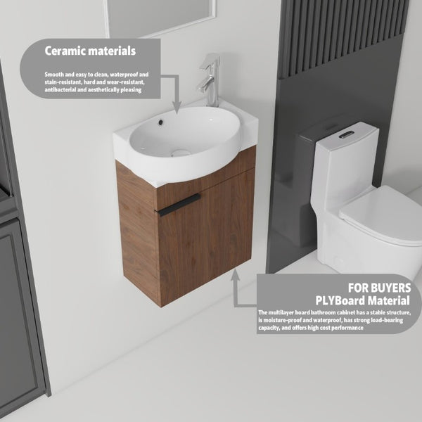 English Elm 16 Inch Wall Mounted Floating Vanity with Integrated Ceramic Sink and Soft Close Cabinet Brown B2775P510741