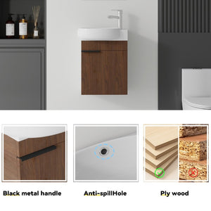 English Elm 16 Inch Wall Mounted Floating Vanity with Integrated Ceramic Sink and Soft Close Cabinet Brown B2775P510741