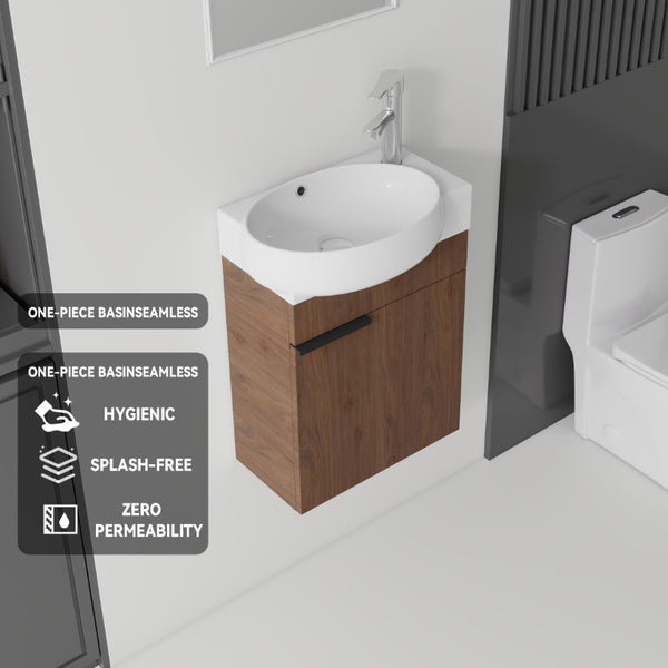 English Elm 16 Inch Wall Mounted Floating Vanity with Integrated Ceramic Sink and Soft Close Cabinet Brown B2775P510741