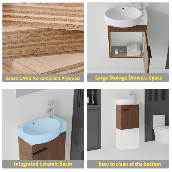 English Elm 16 Inch Wall Mounted Floating Vanity with Integrated Ceramic Sink and Soft Close Cabinet Brown B2775P510741