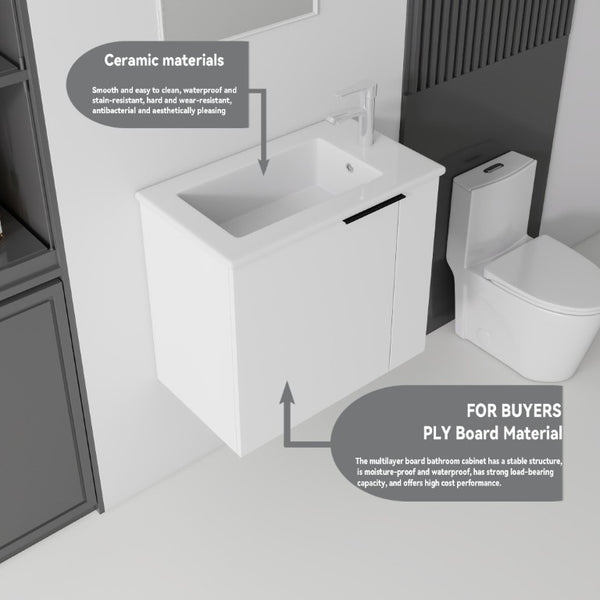 English Elm 22 Inch Floating Wall Mounted Bathroom Vanity with Ceramic Sink and Soft Close Cabinet White B2775P510742