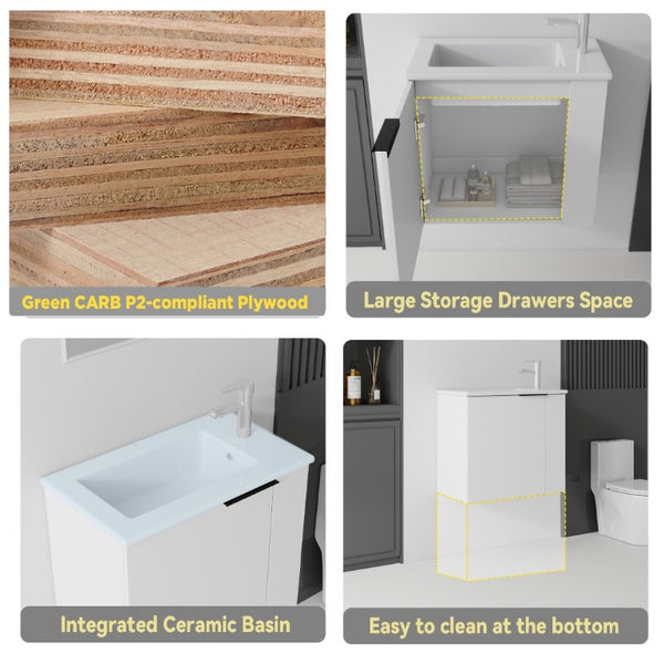 English Elm 22 Inch Floating Wall Mounted Bathroom Vanity with Ceramic Sink and Soft Close Cabinet White B2775P510742