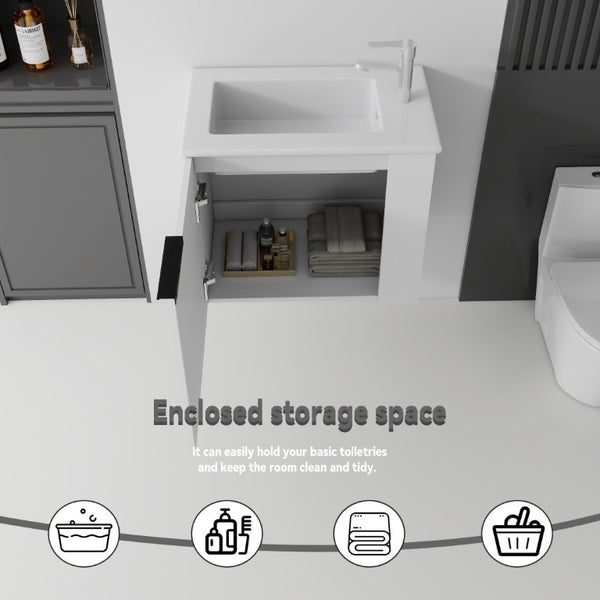 English Elm 22 Inch Floating Wall Mounted Bathroom Vanity with Ceramic Sink and Soft Close Cabinet White B2775P510742