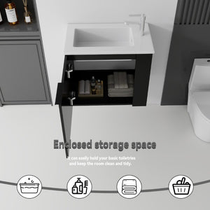 English Elm 22 Inch Floating Wall Mounted Bathroom Vanity with Ceramic Sink and Soft Close Cabinet Black B2775P510743