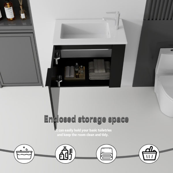 English Elm 22 Inch Floating Wall Mounted Bathroom Vanity with Ceramic Sink and Soft Close Cabinet Black B2775P510743