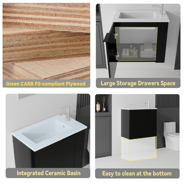 English Elm 22 Inch Floating Wall Mounted Bathroom Vanity with Ceramic Sink and Soft Close Cabinet Black B2775P510743