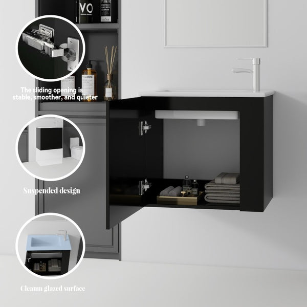 English Elm 22 Inch Floating Wall Mounted Bathroom Vanity with Ceramic Sink and Soft Close Cabinet Black B2775P510743
