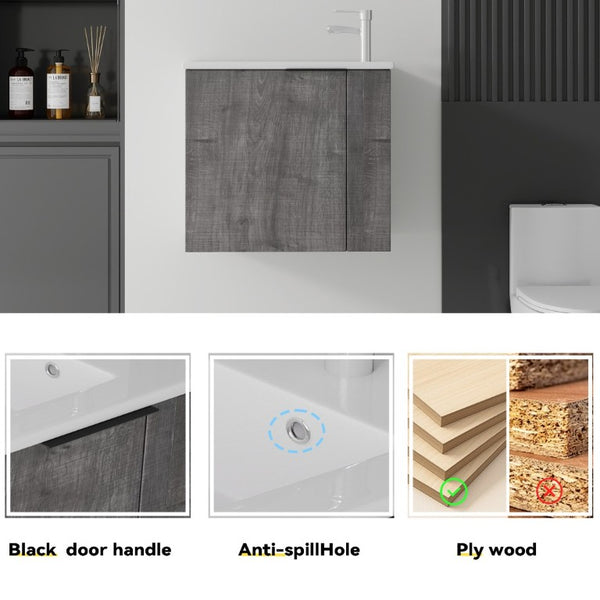 English Elm 22 Inch Floating Wall Mounted Bathroom Vanity with Ceramic Sink and Soft Close Cabinet Grey B2775P510744