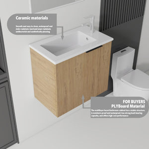 English Elm 22 Inch Floating Wall Mounted Bathroom Vanity with Ceramic Sink and Soft Close Cabinet Oak B2775P510745