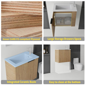 English Elm 22 Inch Floating Wall Mounted Bathroom Vanity with Ceramic Sink and Soft Close Cabinet Oak B2775P510745