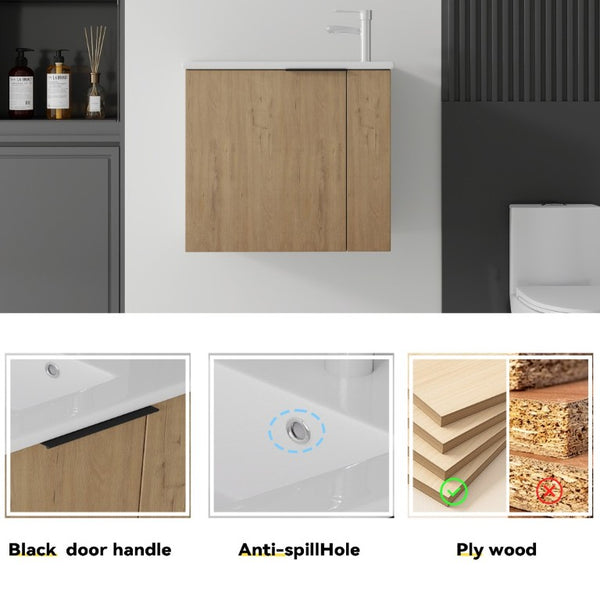 English Elm 22 Inch Floating Wall Mounted Bathroom Vanity with Ceramic Sink and Soft Close Cabinet Oak B2775P510745
