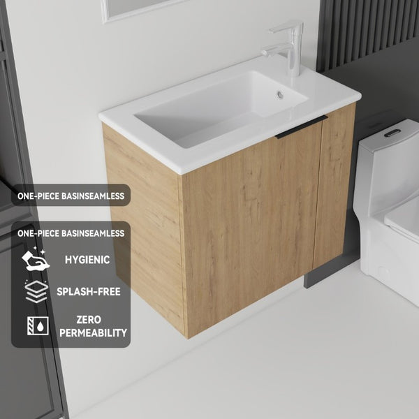 English Elm 22 Inch Floating Wall Mounted Bathroom Vanity with Ceramic Sink and Soft Close Cabinet Oak B2775P510745