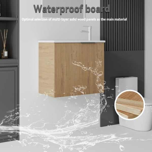 English Elm 22 Inch Floating Wall Mounted Bathroom Vanity with Ceramic Sink and Soft Close Cabinet Oak B2775P510745