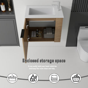 English Elm 22 Inch Floating Wall Mounted Bathroom Vanity with Ceramic Sink and Soft Close Cabinet Oak B2775P510745