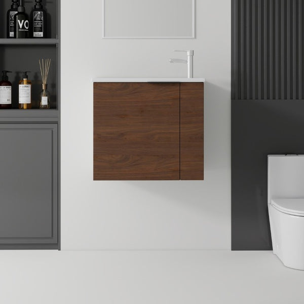 English Elm 22 Inch Floating Wall Mounted Bathroom Vanity with Ceramic Sink and Soft Close Cabinet Brown B2775P510746
