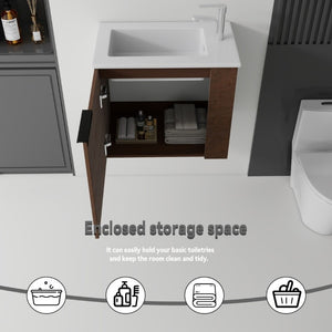 English Elm 22 Inch Floating Wall Mounted Bathroom Vanity with Ceramic Sink and Soft Close Cabinet Brown B2775P510746