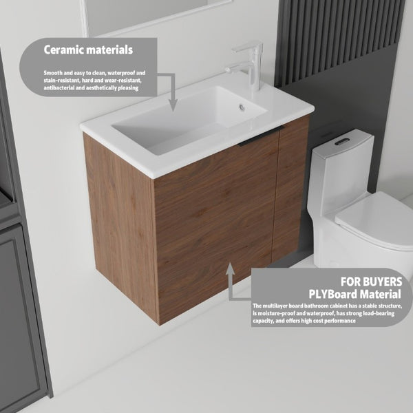 English Elm 22 Inch Floating Wall Mounted Bathroom Vanity with Ceramic Sink and Soft Close Cabinet Brown B2775P510746