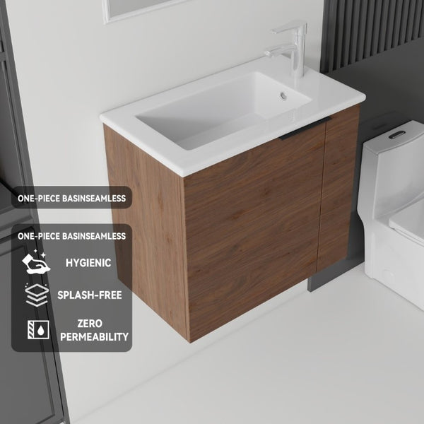 English Elm 22 Inch Floating Wall Mounted Bathroom Vanity with Ceramic Sink and Soft Close Cabinet Brown B2775P510746