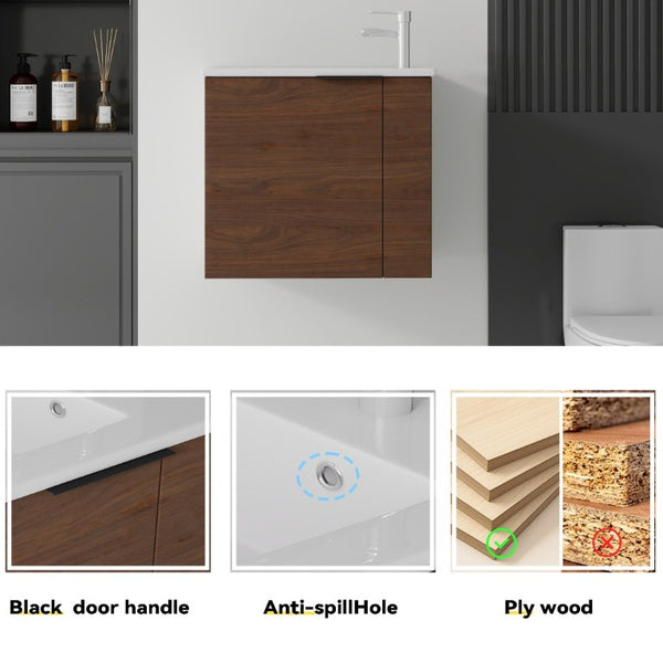 English Elm 22 Inch Floating Wall Mounted Bathroom Vanity with Ceramic Sink and Soft Close Cabinet Brown B2775P510746