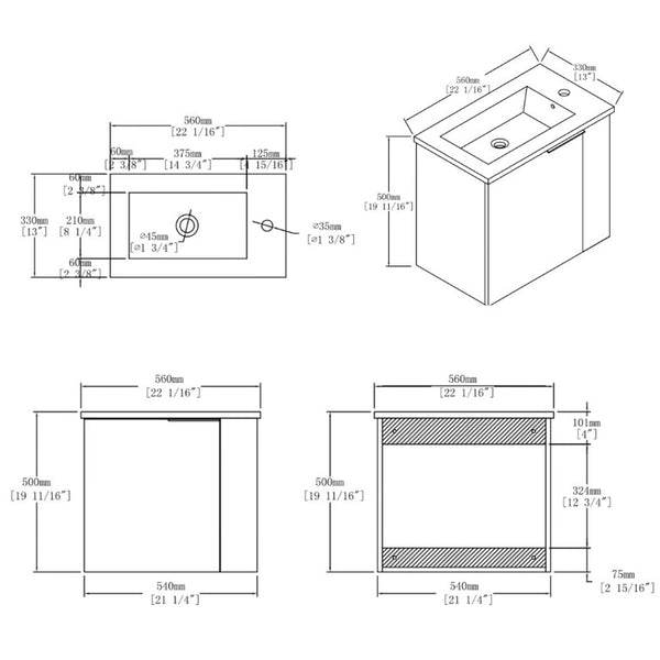 English Elm 22 Inch Floating Wall Mounted Bathroom Vanity with Ceramic Sink and Soft Close Cabinet Brown B2775P510746